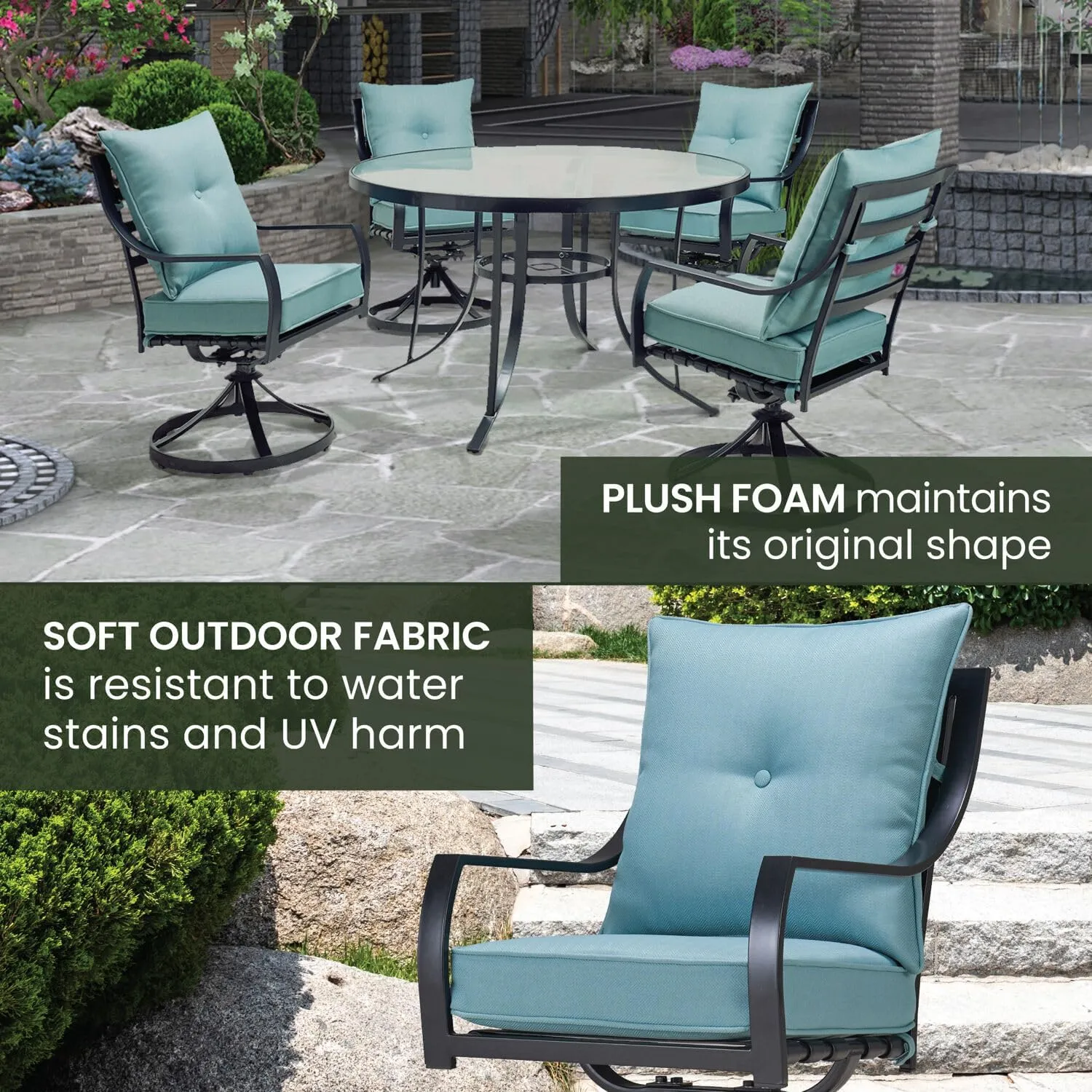 Hanover Lavallette 5-Piece Outdoor Dining Set for 4 with UV-Protected Cushioned Swivel Rocker Chairs and 42'' Round Glass-Top Table, Weather Resistant Modern Patio Dining Set