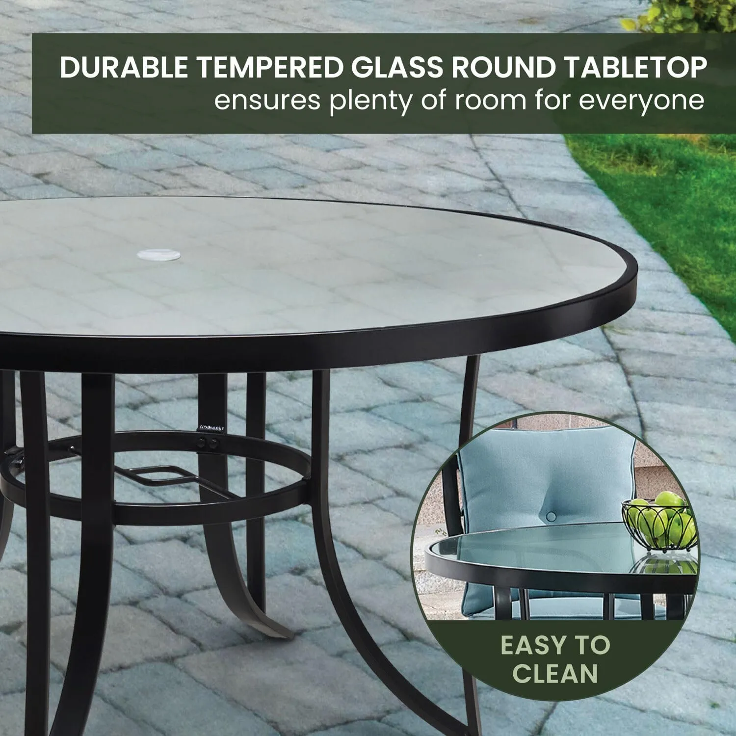 Hanover Lavallette 5-Piece Outdoor Dining Set for 4 with UV-Protected Cushioned Swivel Rocker Chairs and 42'' Round Glass-Top Table, Weather Resistant Modern Patio Dining Set