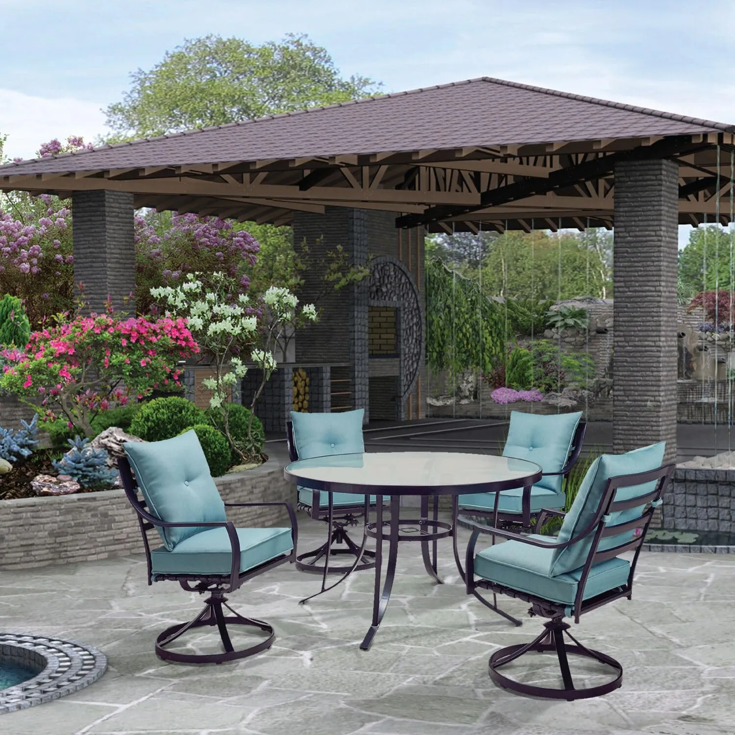 Hanover Lavallette 5-Piece Outdoor Dining Set for 4 with UV-Protected Cushioned Swivel Rocker Chairs and 42'' Round Glass-Top Table, Weather Resistant Modern Patio Dining Set