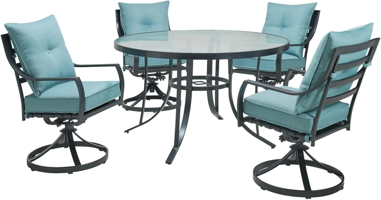 Hanover Lavallette 5-Piece Outdoor Dining Set for 4 with UV-Protected Cushioned Swivel Rocker Chairs and 42'' Round Glass-Top Table, Weather Resistant Modern Patio Dining Set