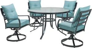 Hanover Lavallette 5-Piece Outdoor Dining Set for 4 with UV-Protected Cushioned Swivel Rocker Chairs and 42'' Round Glass-Top Table, Weather Resistant Modern Patio Dining Set