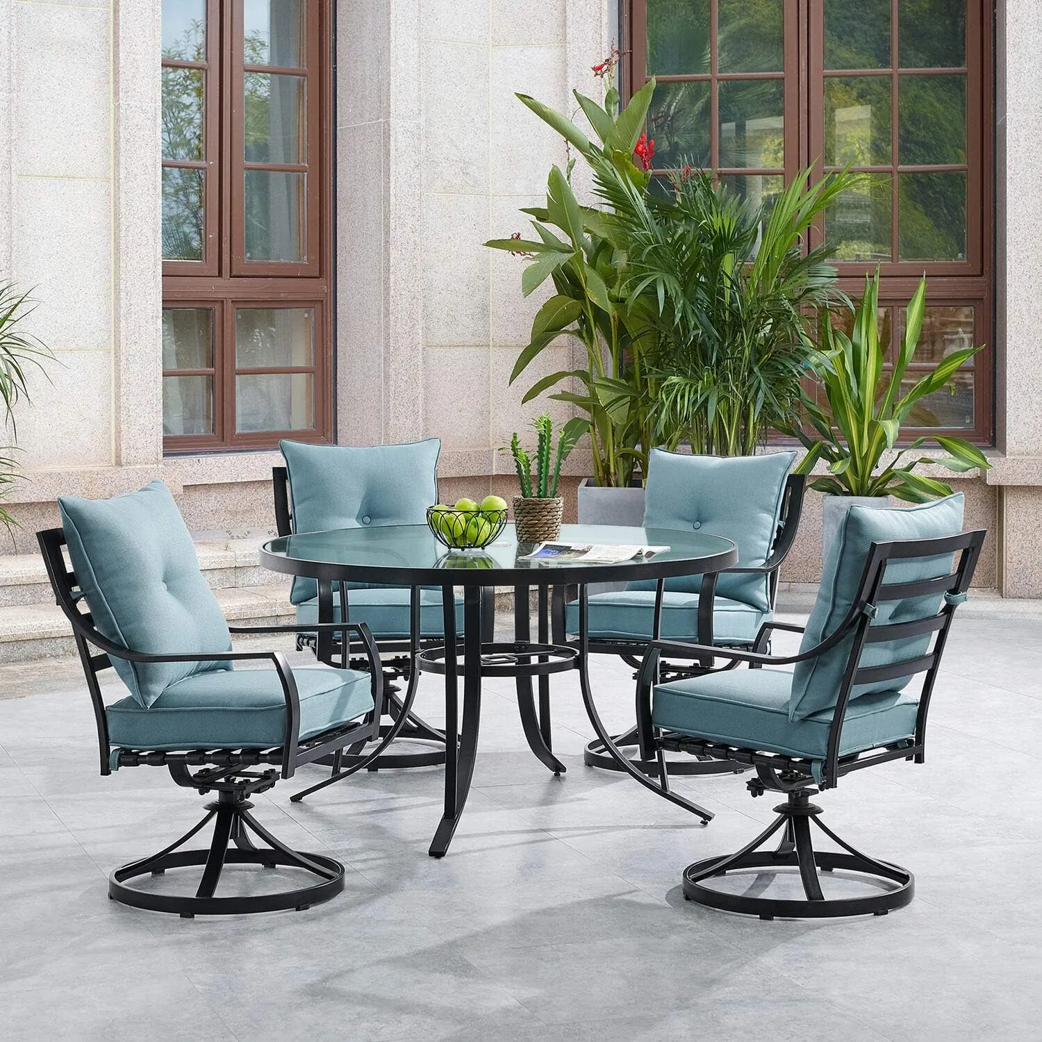 Hanover Lavallette 5-Piece Outdoor Dining Set for 4 with UV-Protected Cushioned Swivel Rocker Chairs and 42'' Round Glass-Top Table, Weather Resistant Modern Patio Dining Set