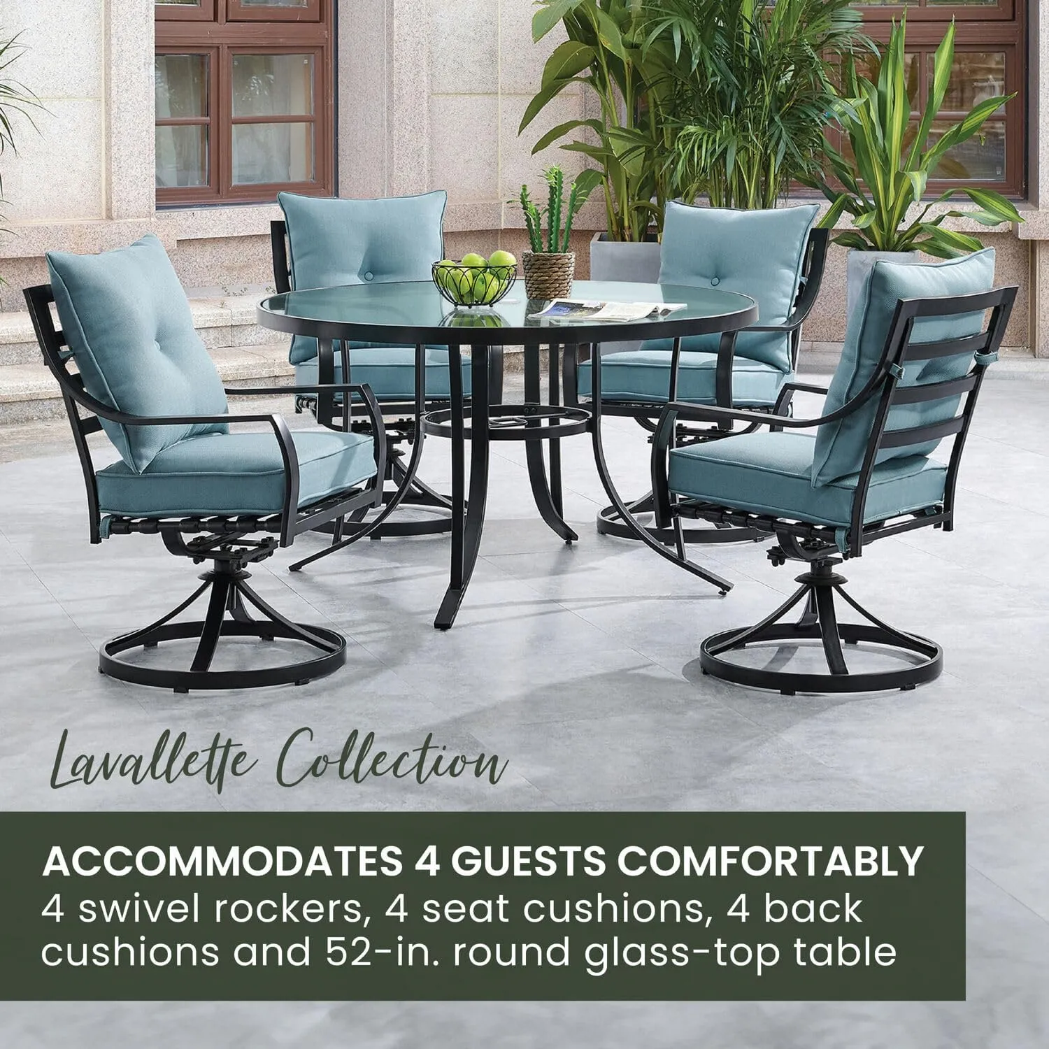 Hanover Lavallette 5-Piece Outdoor Dining Set for 4 with UV-Protected Cushioned Swivel Rocker Chairs and 42'' Round Glass-Top Table, Weather Resistant Modern Patio Dining Set