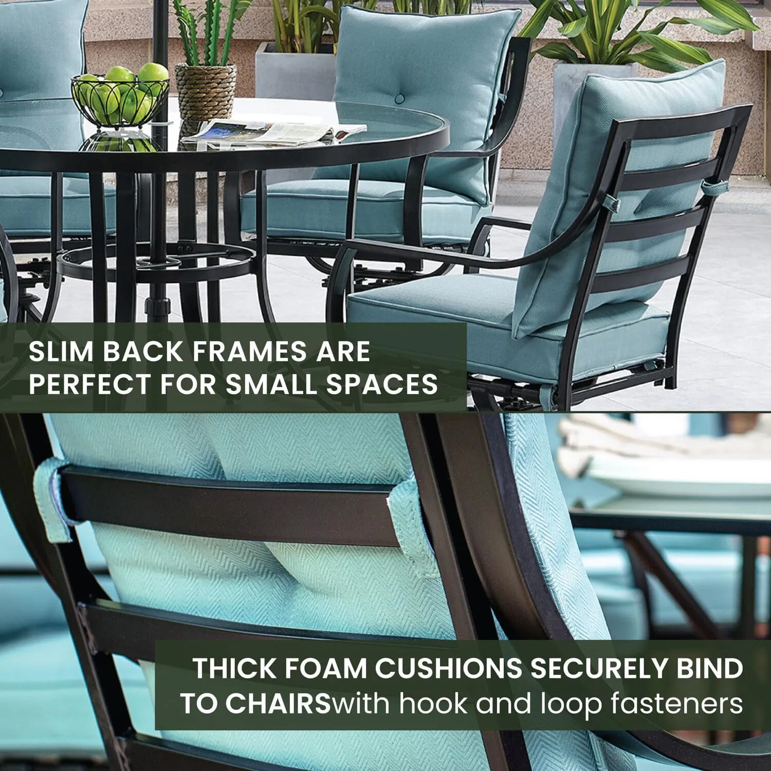 Hanover Lavallette 5-Piece Outdoor Dining Set for 4 with UV-Protected Cushioned Swivel Rocker Chairs and 42'' Round Glass-Top Table, Weather Resistant Modern Patio Dining Set