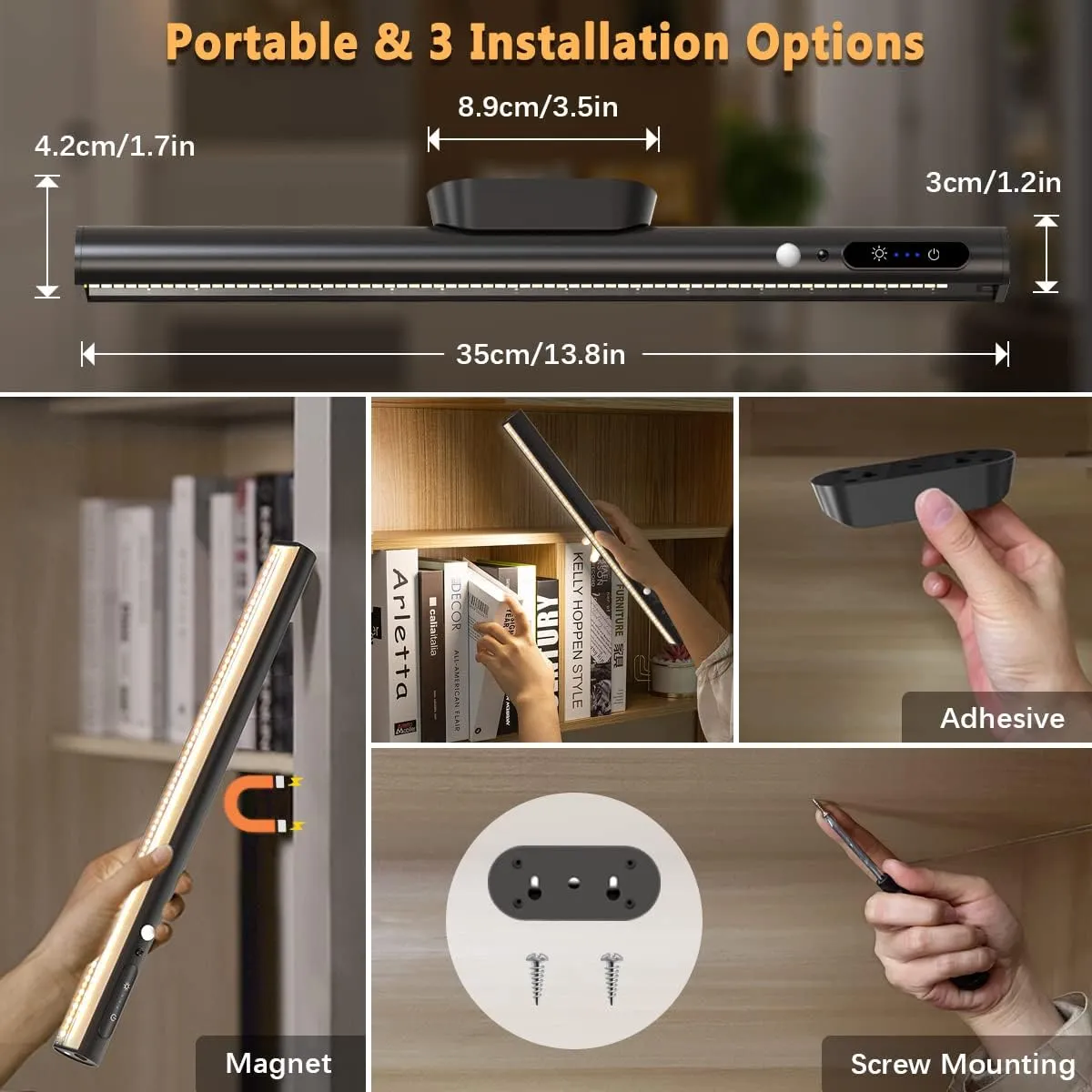 Hapfish Motion Sensor LED Light Bar Indoor, Rechargeable Under Cabinet Lighting Wireless, Magnetic Battery Powered Operated Wall Strip Lights with Remote Control for Desk Mirror Closet Kitchen -Black