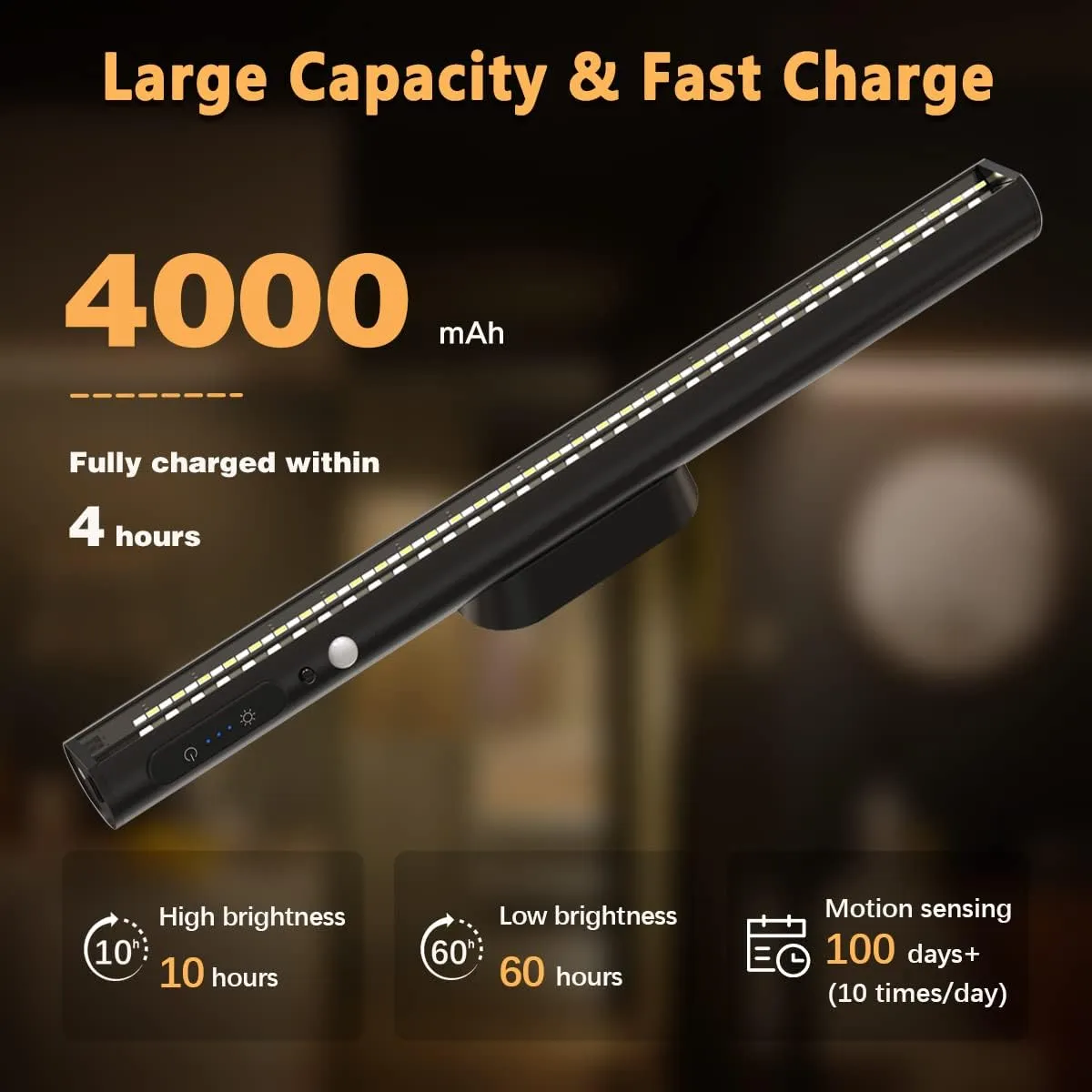 Hapfish Motion Sensor LED Light Bar Indoor, Rechargeable Under Cabinet Lighting Wireless, Magnetic Battery Powered Operated Wall Strip Lights with Remote Control for Desk Mirror Closet Kitchen -Black