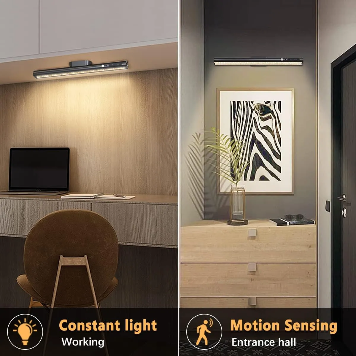 Hapfish Motion Sensor LED Light Bar Indoor, Rechargeable Under Cabinet Lighting Wireless, Magnetic Battery Powered Operated Wall Strip Lights with Remote Control for Desk Mirror Closet Kitchen -Black