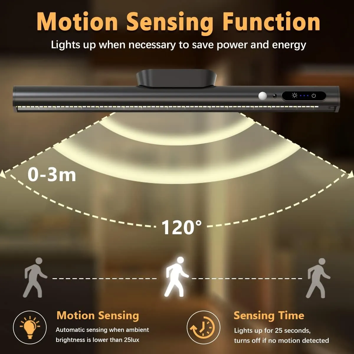 Hapfish Motion Sensor LED Light Bar Indoor, Rechargeable Under Cabinet Lighting Wireless, Magnetic Battery Powered Operated Wall Strip Lights with Remote Control for Desk Mirror Closet Kitchen -Black