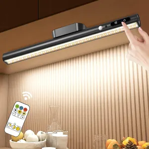 Hapfish Motion Sensor LED Light Bar Indoor, Rechargeable Under Cabinet Lighting Wireless, Magnetic Battery Powered Operated Wall Strip Lights with Remote Control for Desk Mirror Closet Kitchen -Black