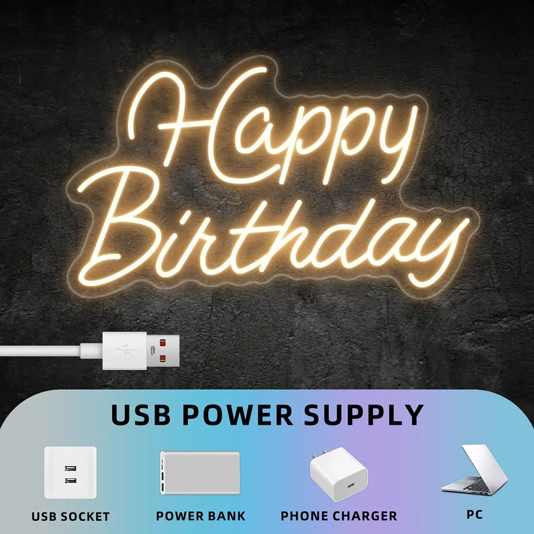 Happy Birthday Neon Sign for Wall Decor, Led Happy Birthday Light Up Sign for Backdrop Decoration, Warm White, 16.5x9.8 inch