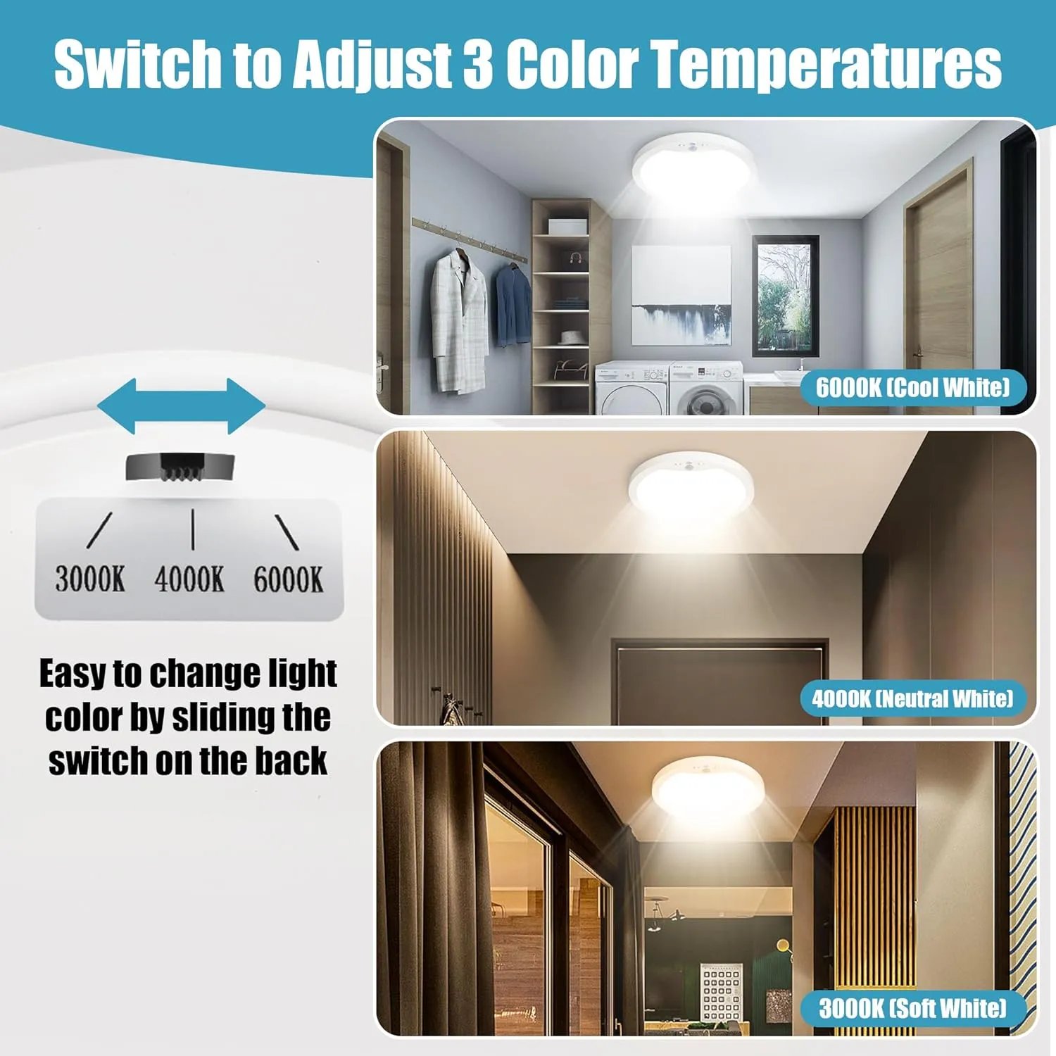 Hard-Wired Motion Sensor Ceiling Lights, 9in 20W Flush Mount Motion LED Ceiling Lights, 3000K 4000K 6000K Indoor Ceiling Light for Closet Doorway Stairway Hallway, 2 Packs, Not Battery Operated