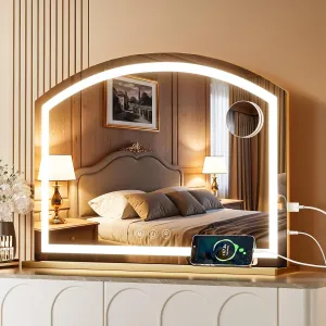 Hasipu Arch Vanity Mirror with Light, Arched Led Makeup Mirror with 10X Magnification, Tabletop Desk Mirror with USB Charging Port, Dimmable 3 Colors Mode, 32" x 24" Inch Gold