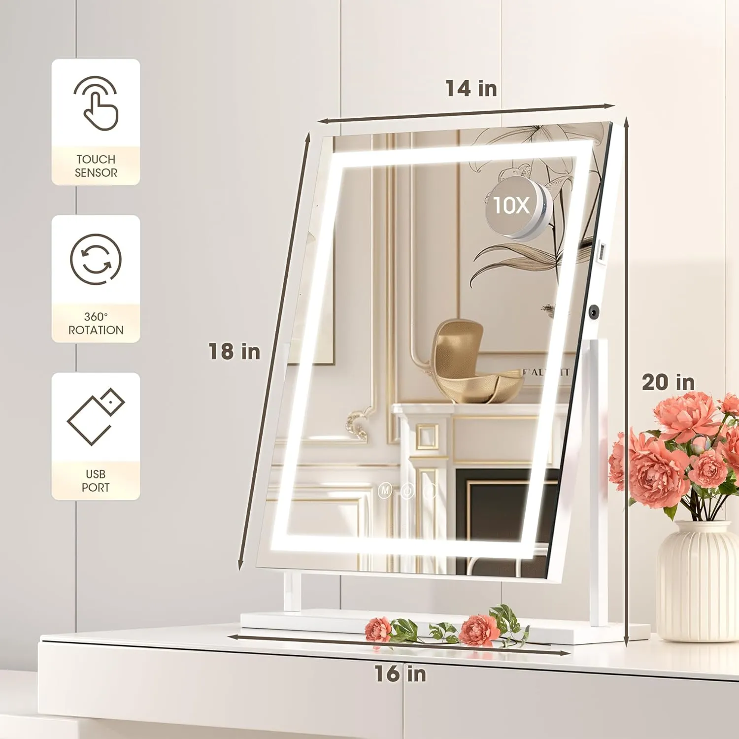 Hasipu Vanity Mirror with Lights, 16" x 20" LED Makeup Mirror, Light up Mirror with Smart Touch 3 Color Modes and Brightness Adjustment, 10X Magnifying Glass,360° Rotation