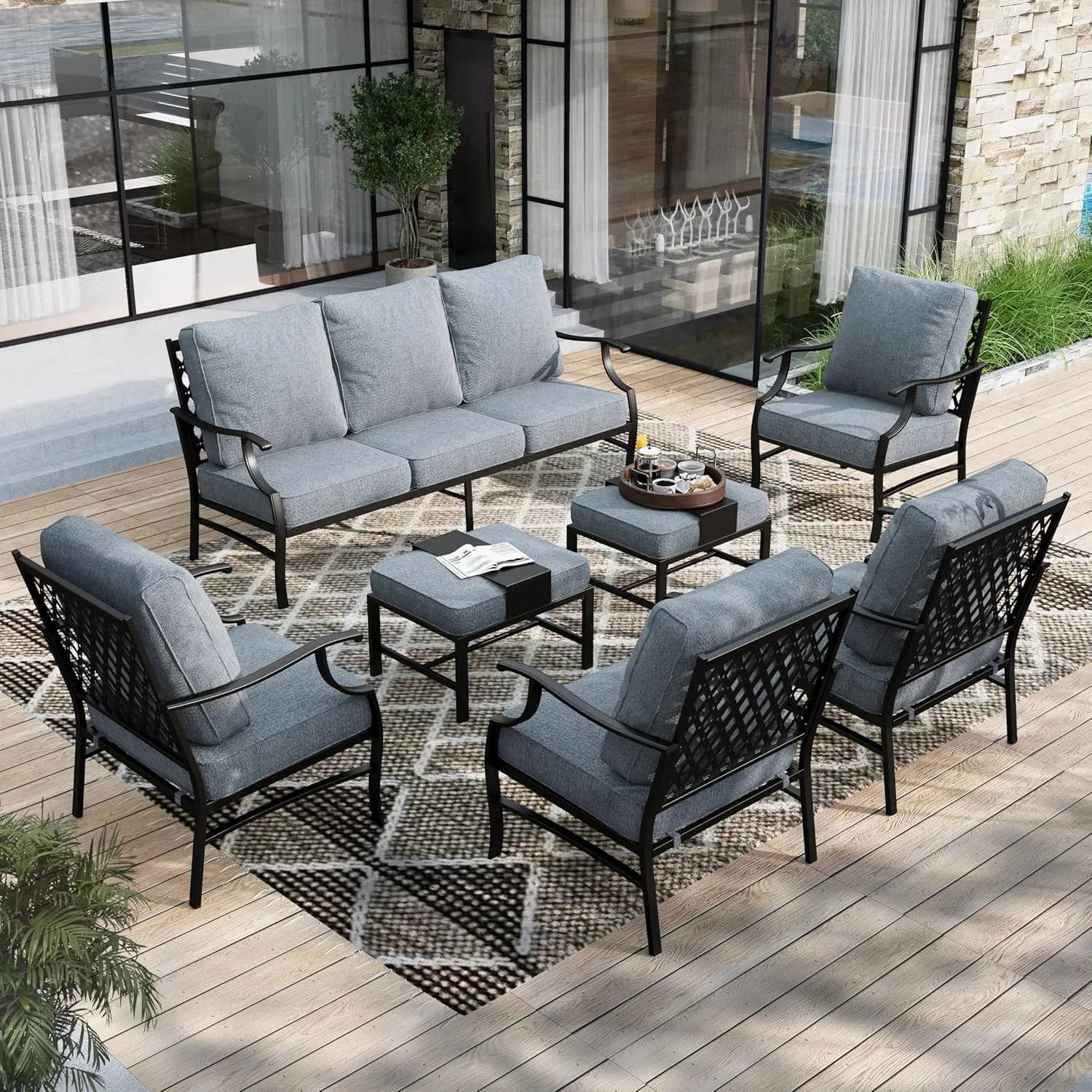 HERA'S HOUSE 7 Piece Patio Furniture Set, 4 x Metal Cushioned Chair, 2 x Cushioned Ottoman, 1 x 3-Seat Sofa, Outdoor Conversation Set for Lawn Garden Backyard, Grey