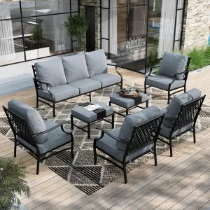 HERA'S HOUSE 7 Piece Patio Furniture Set, 4 x Metal Cushioned Chair, 2 x Cushioned Ottoman, 1 x 3-Seat Sofa, Outdoor Conversation Set for Lawn Garden Backyard, Grey