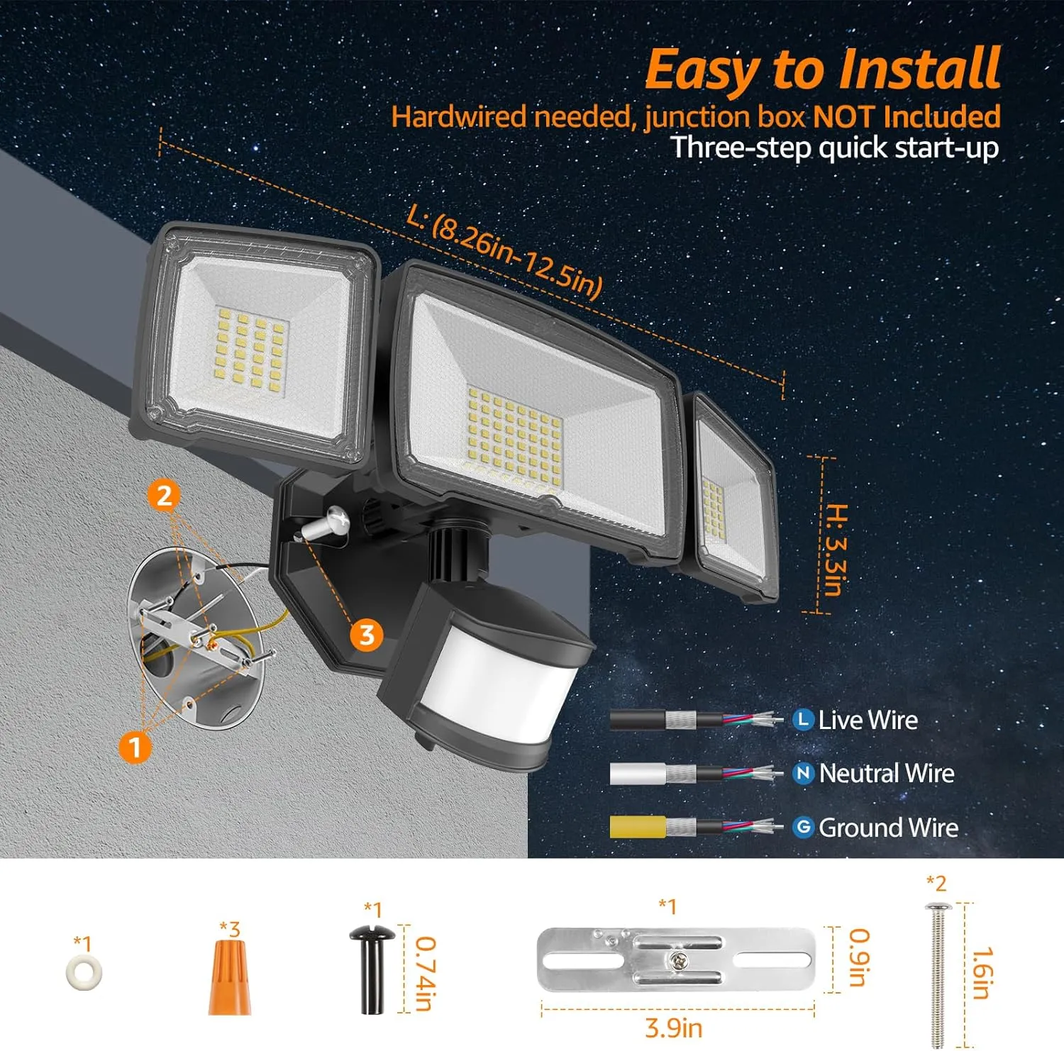 HGGH Motion Sensor Outdoor Lights – Flood Lights Outdoor Security Light, LED Floodlights IP65 Waterproof 6000K 38W 4200LM with 3 Adjustable Heads, Exterior Light for House, Backyard, Porch