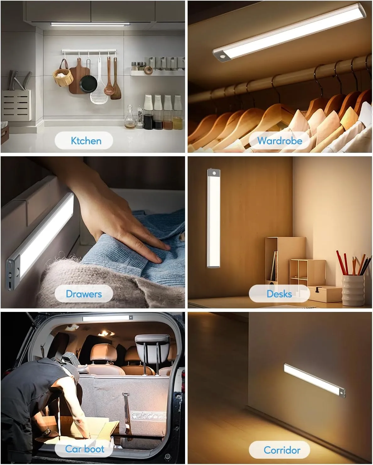 HIBOITEC 60 LED Under Cabinet Lighting 2 Packs, Stepless Dimming Motion Sensor Light Indoor, 3 Color Tempera Wireless Closet Lights, 2500mAh Rechargeable Battery Operated Light for Kitchen, Hallway