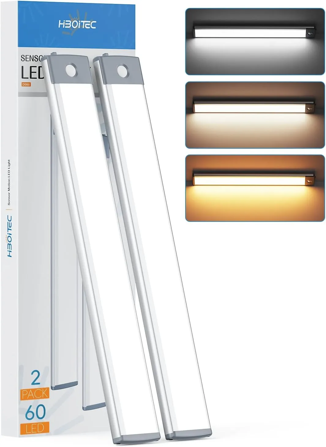 HIBOITEC 60 LED Under Cabinet Lighting 2 Packs, Stepless Dimming Motion Sensor Light Indoor, 3 Color Tempera Wireless Closet Lights, 2500mAh Rechargeable Battery Operated Light for Kitchen, Hallway