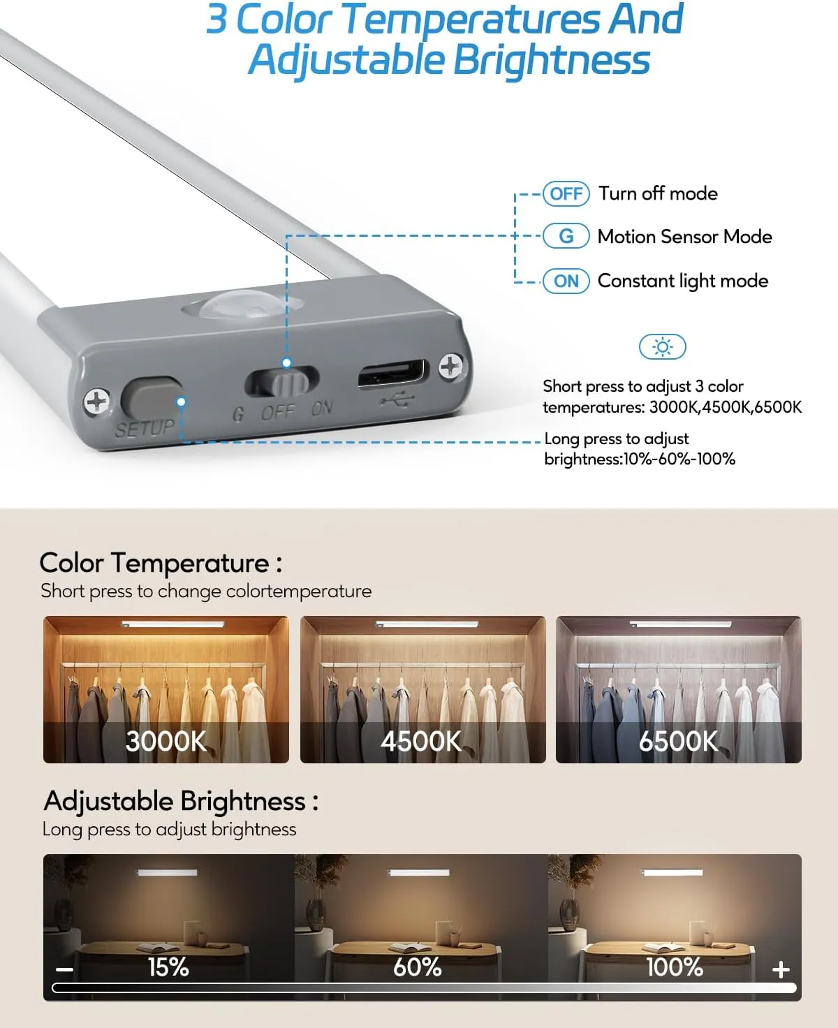 HIBOITEC 60 LED Under Cabinet Lighting 2 Packs, Stepless Dimming Motion Sensor Light Indoor, 3 Color Tempera Wireless Closet Lights, 2500mAh Rechargeable Battery Operated Light for Kitchen, Hallway