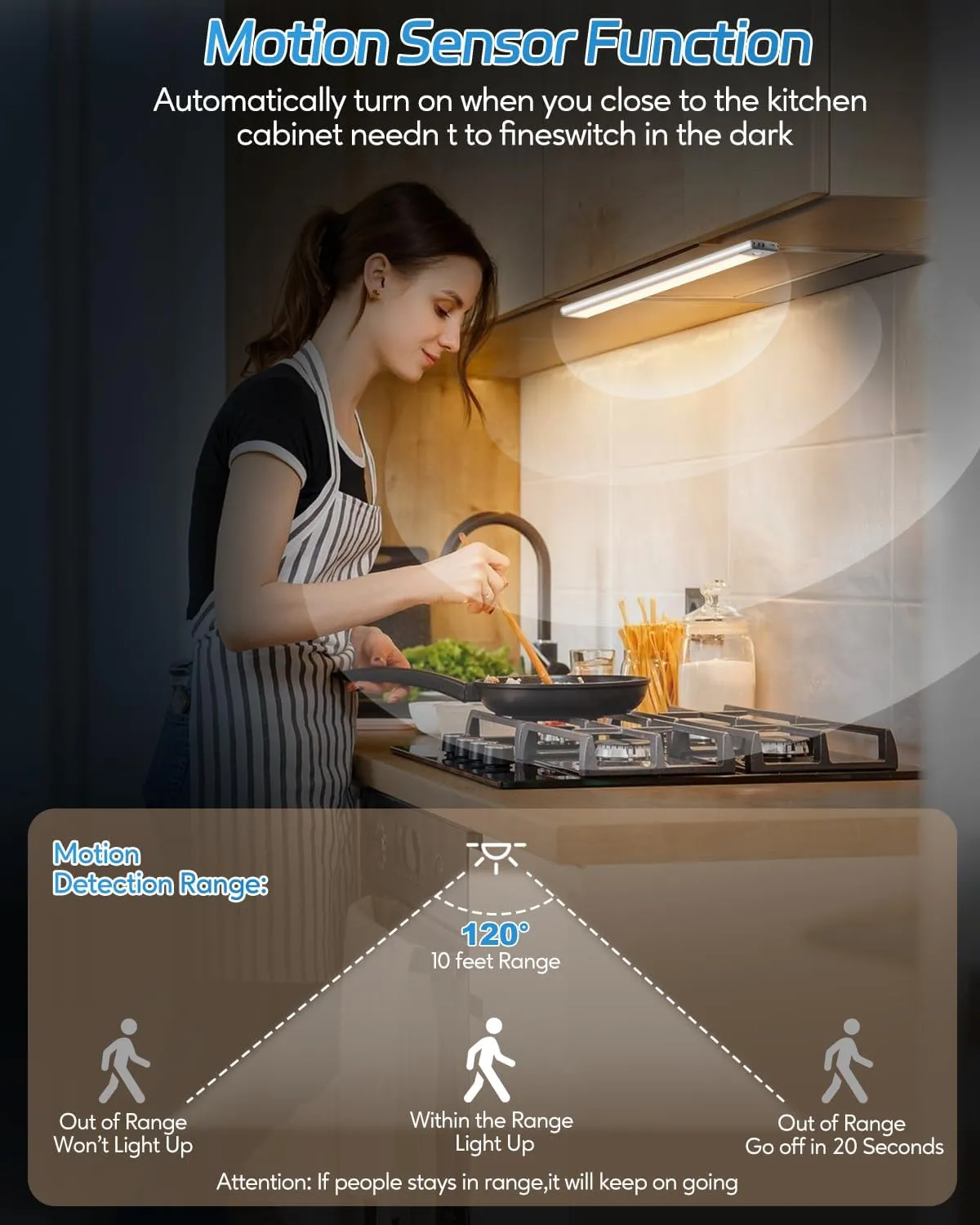 HIBOITEC 60 LED Under Cabinet Lighting 2 Packs, Stepless Dimming Motion Sensor Light Indoor, 3 Color Tempera Wireless Closet Lights, 2500mAh Rechargeable Battery Operated Light for Kitchen, Hallway