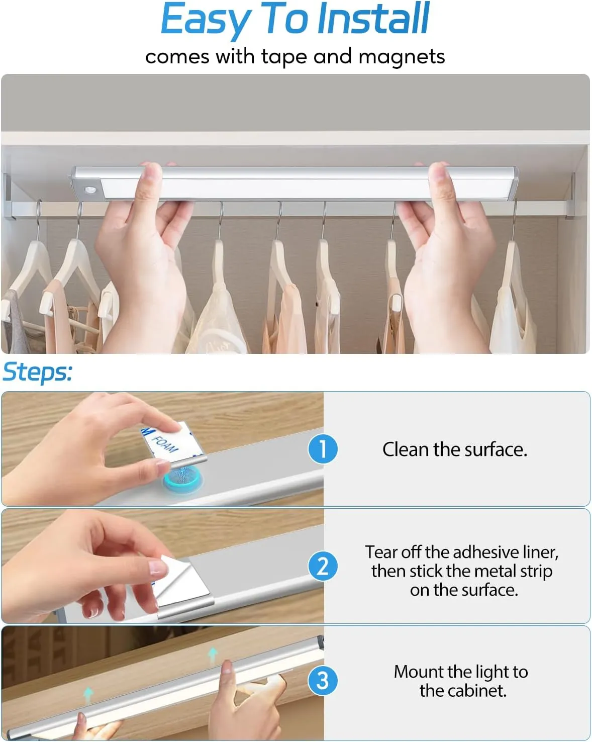 HIBOITEC 60 LED Under Cabinet Lighting 2 Packs, Stepless Dimming Motion Sensor Light Indoor, 3 Color Tempera Wireless Closet Lights, 2500mAh Rechargeable Battery Operated Light for Kitchen, Hallway