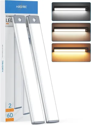 HIBOITEC 60 LED Under Cabinet Lighting 2 Packs, Stepless Dimming Motion Sensor Light Indoor, 3 Color Tempera Wireless Closet Lights, 2500mAh Rechargeable Battery Operated Light for Kitchen, Hallway