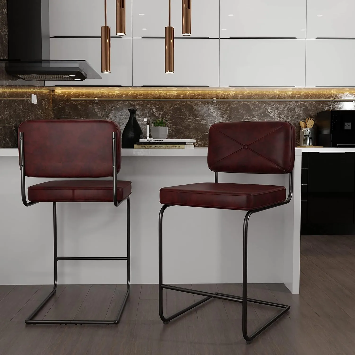 Hillsdale, Breuer Metal Counter Height Stools with Upholstered X Back Stitch Design, Set of 2, Burgundy