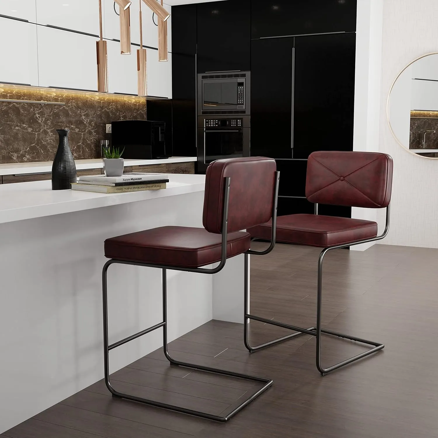 Hillsdale, Breuer Metal Counter Height Stools with Upholstered X Back Stitch Design, Set of 2, Burgundy