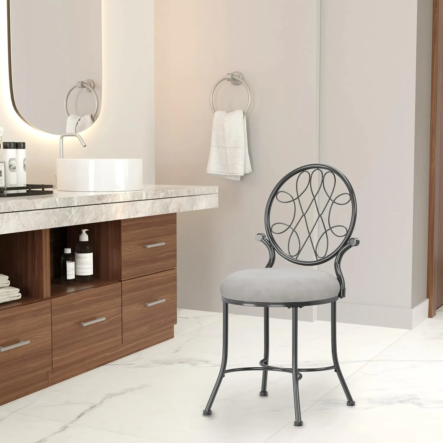 Hillsdale O'Malley Vanity Stool with Spiral Pattern Design, Metallic Gray