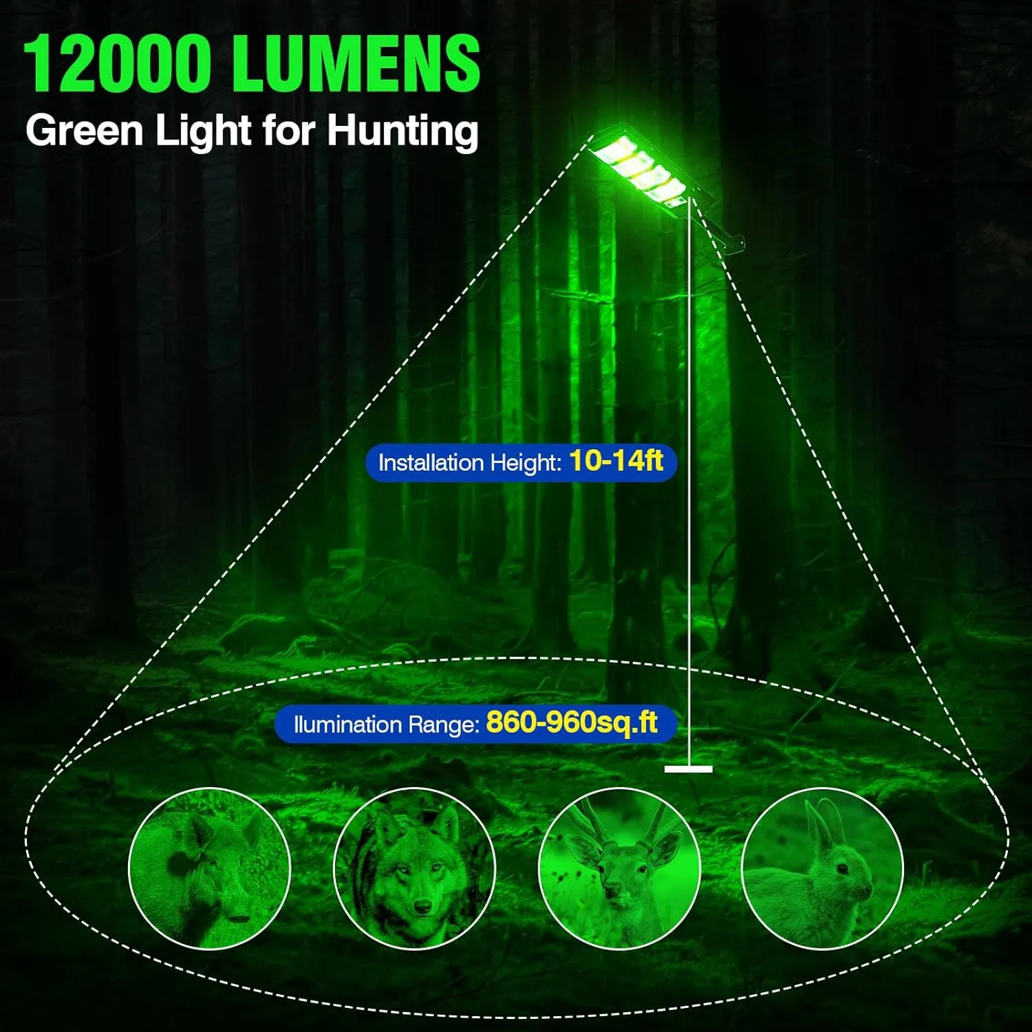 Hog Lights for Night Hunting, 12000LM Solar Green Hunting Light with Remote, Motion Sensor and Waterproof, Hog Light for Predator Coyote Hog Deer Varmint— Perfect Hunting Accessories