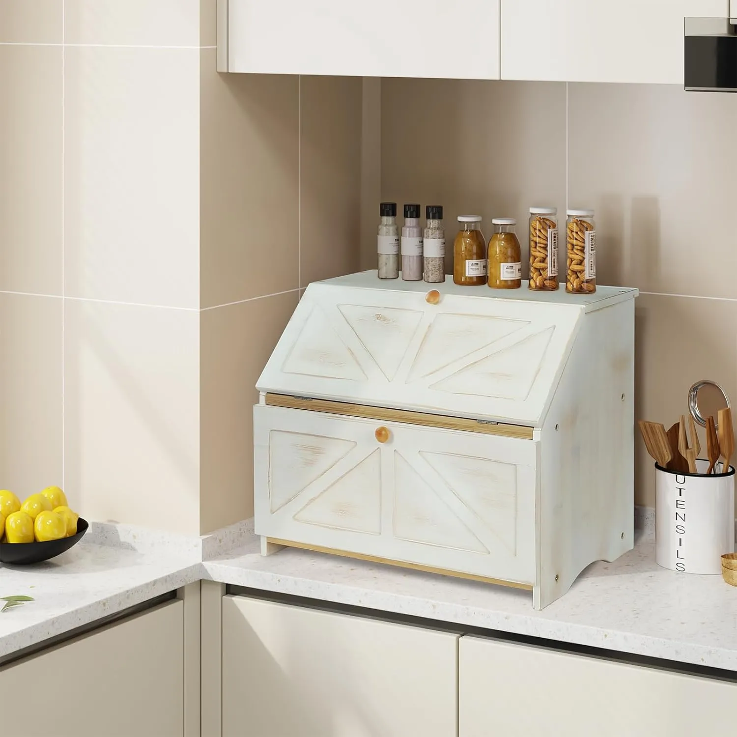 HOMEKOKO Double Layer Large Bread Box for Kitchen Counter, Wooden Large Capacity Bread Storage Bin (Rustic White)