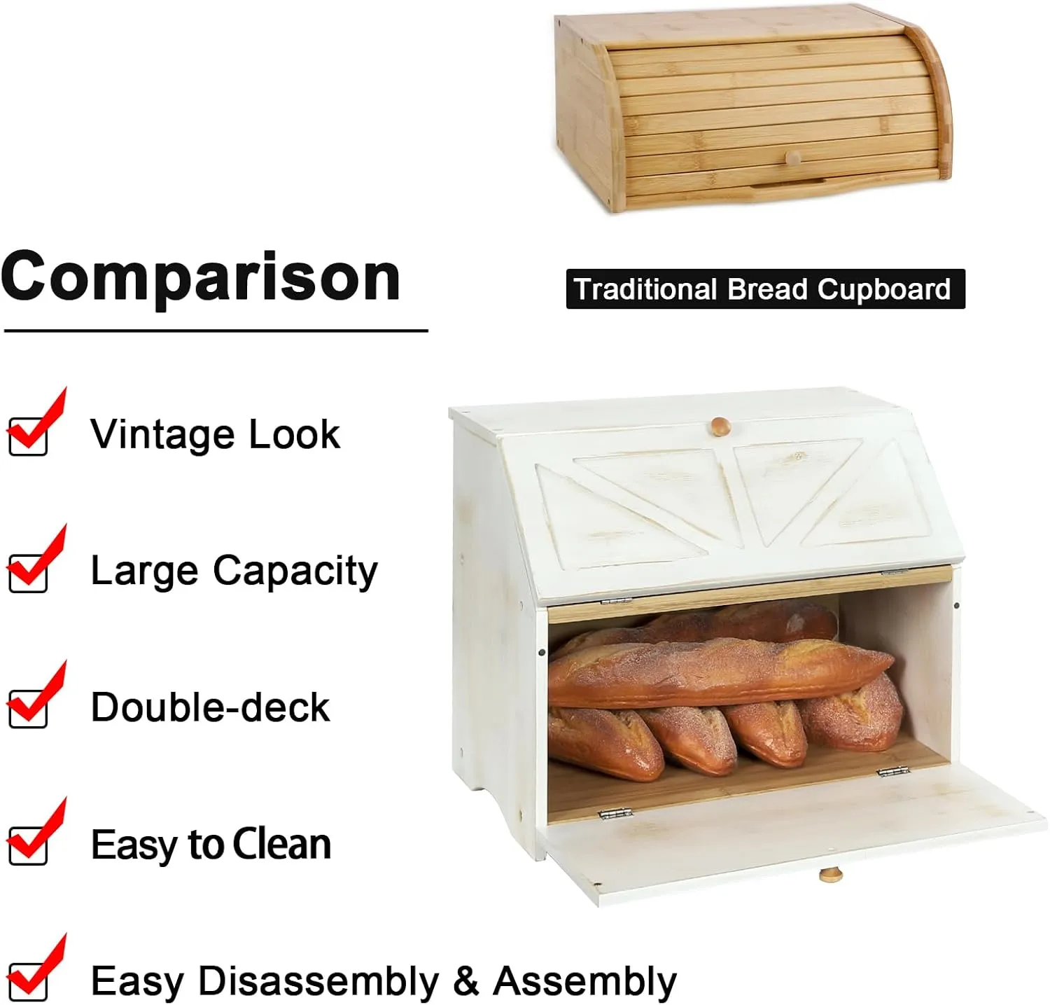 HOMEKOKO Double Layer Large Bread Box for Kitchen Counter, Wooden Large Capacity Bread Storage Bin (Rustic White)