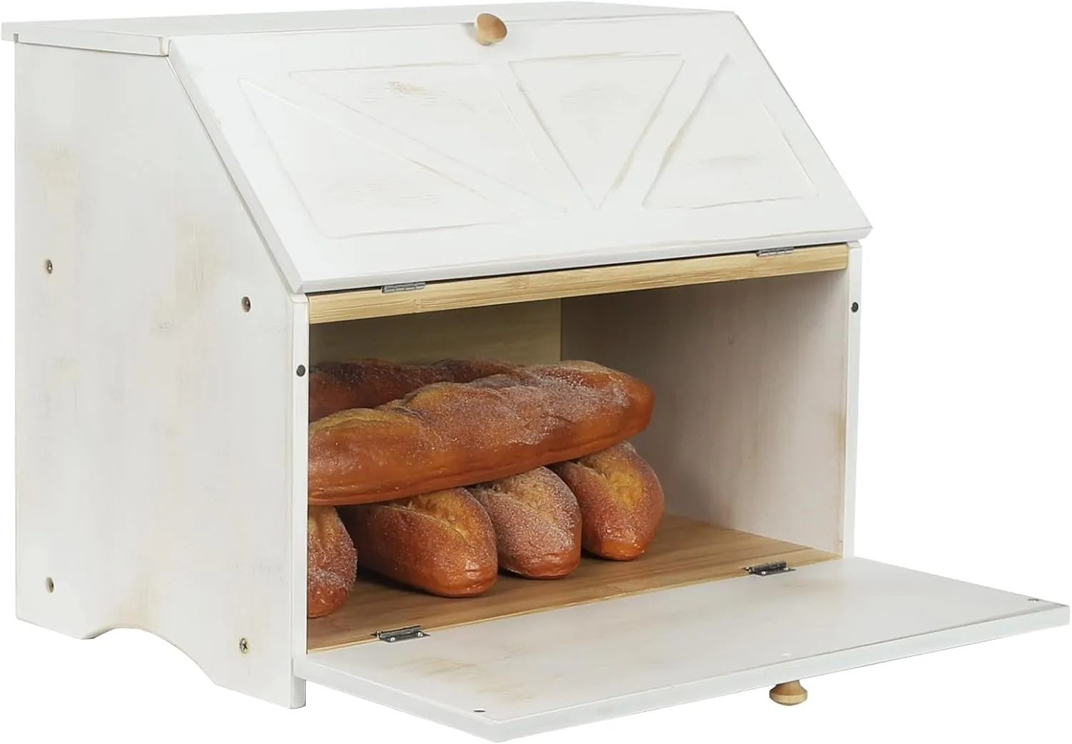 HOMEKOKO Double Layer Large Bread Box for Kitchen Counter, Wooden Large Capacity Bread Storage Bin (Rustic White)