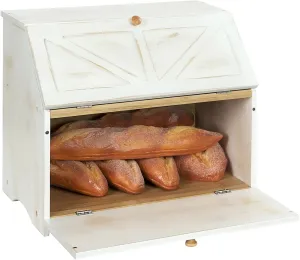HOMEKOKO Double Layer Large Bread Box for Kitchen Counter, Wooden Large Capacity Bread Storage Bin (Rustic White)