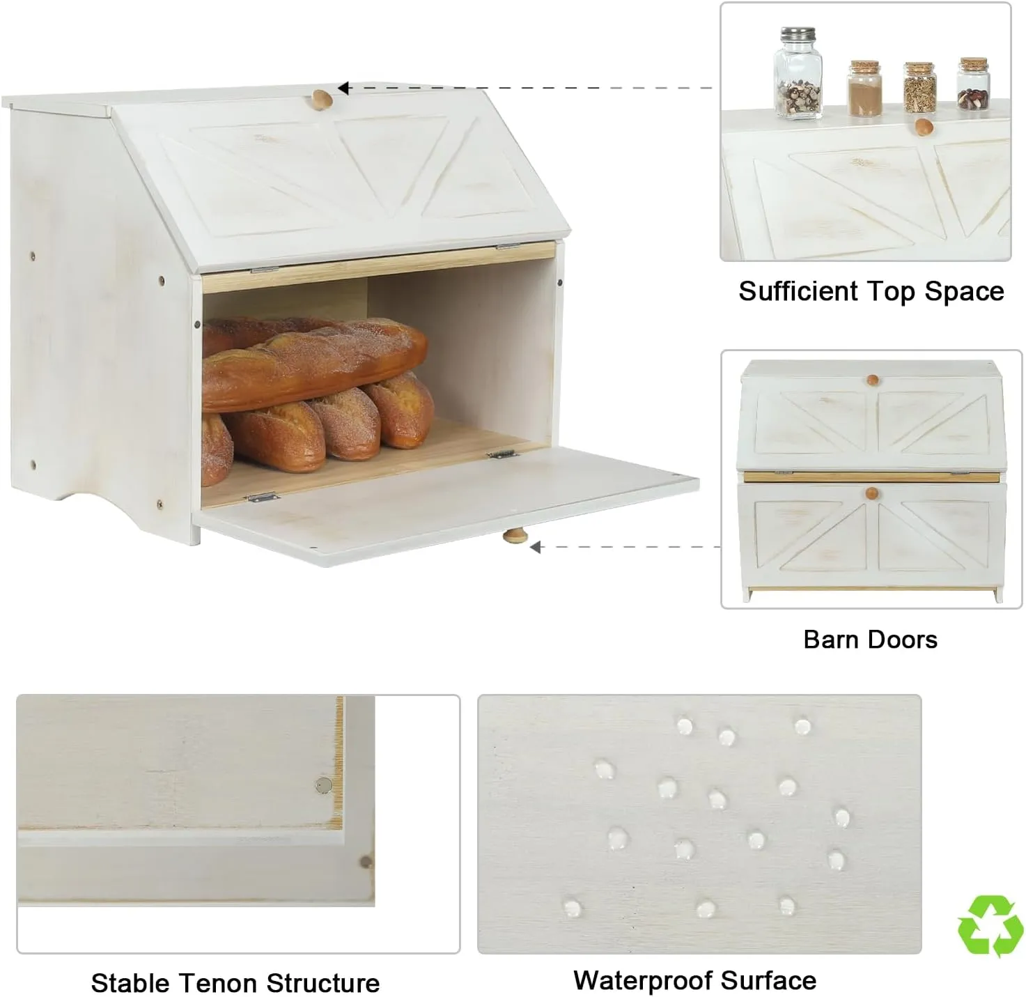 HOMEKOKO Double Layer Large Bread Box for Kitchen Counter, Wooden Large Capacity Bread Storage Bin (Rustic White)