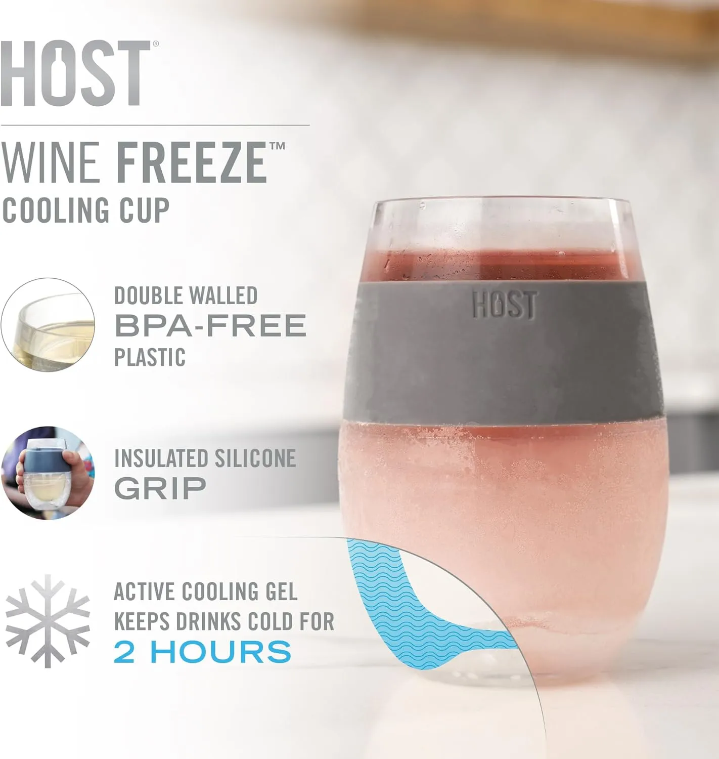 Host Wine Freeze Cup Set of 2 - Plastic Double Wall Insulated Drink Cup, Freezable Vacuum Insulated Wine Glasses, 8.5 oz Blue