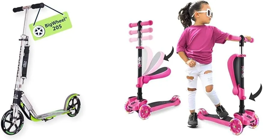 HUDORA Scooter for Kids 8 Years and Up & Teens 12 Years and Up & Hurtle 3-Wheeled Scooter for Kids - Wheel LED Lights, Adjustable Lean-to-Steer Handlebar, and Foldable Seat - Sit