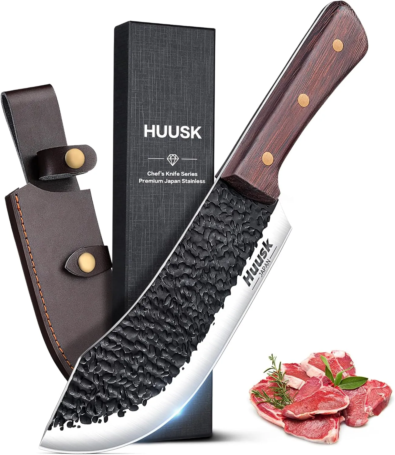 Huusk Meat Cleaver Knife - 7" Butcher Knife for Meat Cutting - Hand Forged Chopping Knives with Ergonomic Handle - Ultra Sharp Kitchen Chef Knives for Home Outdoor BBQ