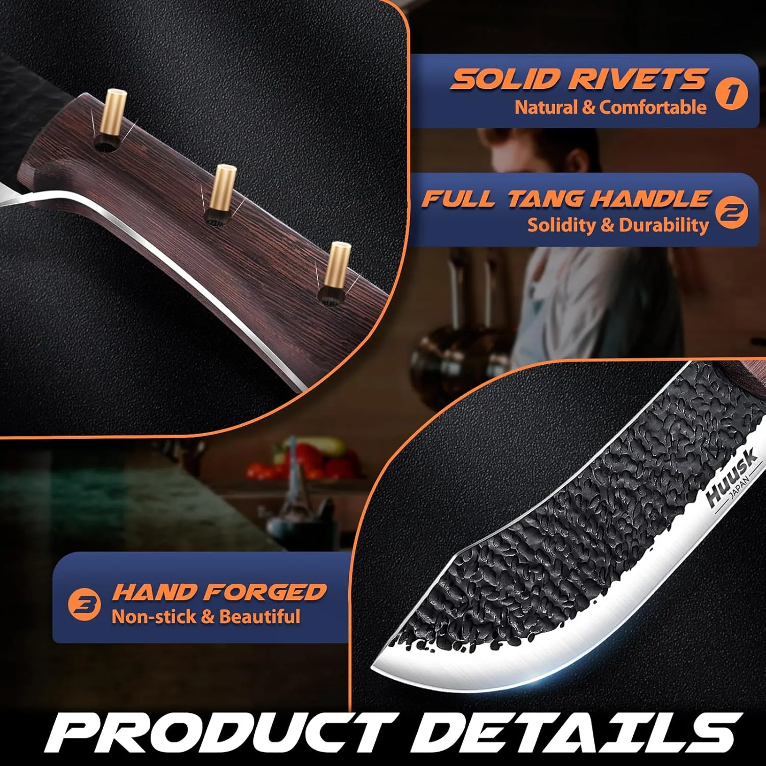Huusk Meat Cleaver Knife - 7" Butcher Knife for Meat Cutting - Hand Forged Chopping Knives with Ergonomic Handle - Ultra Sharp Kitchen Chef Knives for Home Outdoor BBQ