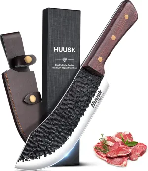 Huusk Meat Cleaver Knife - 7" Butcher Knife for Meat Cutting - Hand Forged Chopping Knives with Ergonomic Handle - Ultra Sharp Kitchen Chef Knives for Home Outdoor BBQ