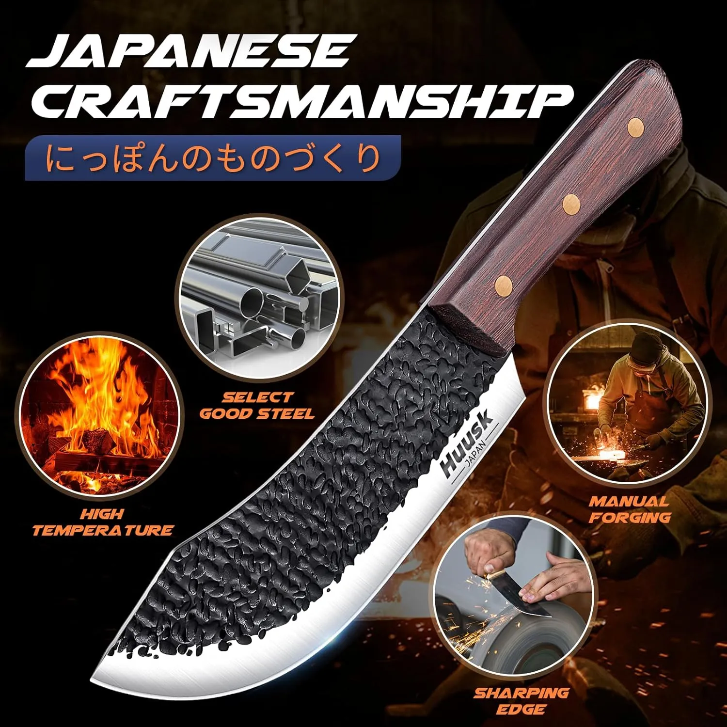 Huusk Meat Cleaver Knife - 7" Butcher Knife for Meat Cutting - Hand Forged Chopping Knives with Ergonomic Handle - Ultra Sharp Kitchen Chef Knives for Home Outdoor BBQ