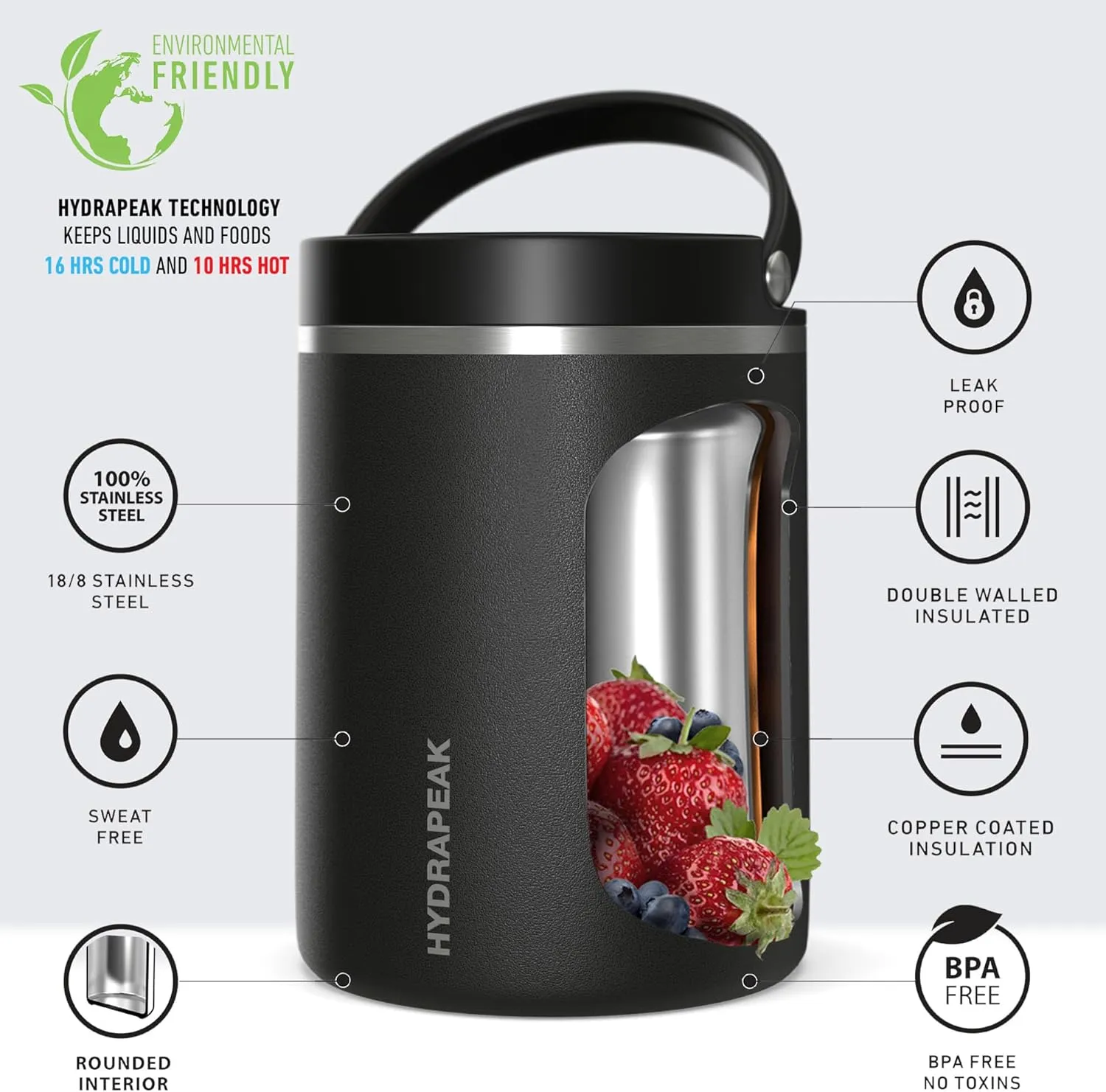 Hydrapeak 32oz Stainless Steel Vacuum Insulated Thermos Food Jar | Thermos for Hot Food and Cold Food, Wide Mouth Leak-Proof Soup Thermos for Adults, 10 Hours Hot and 16 Hours Cold (Black)