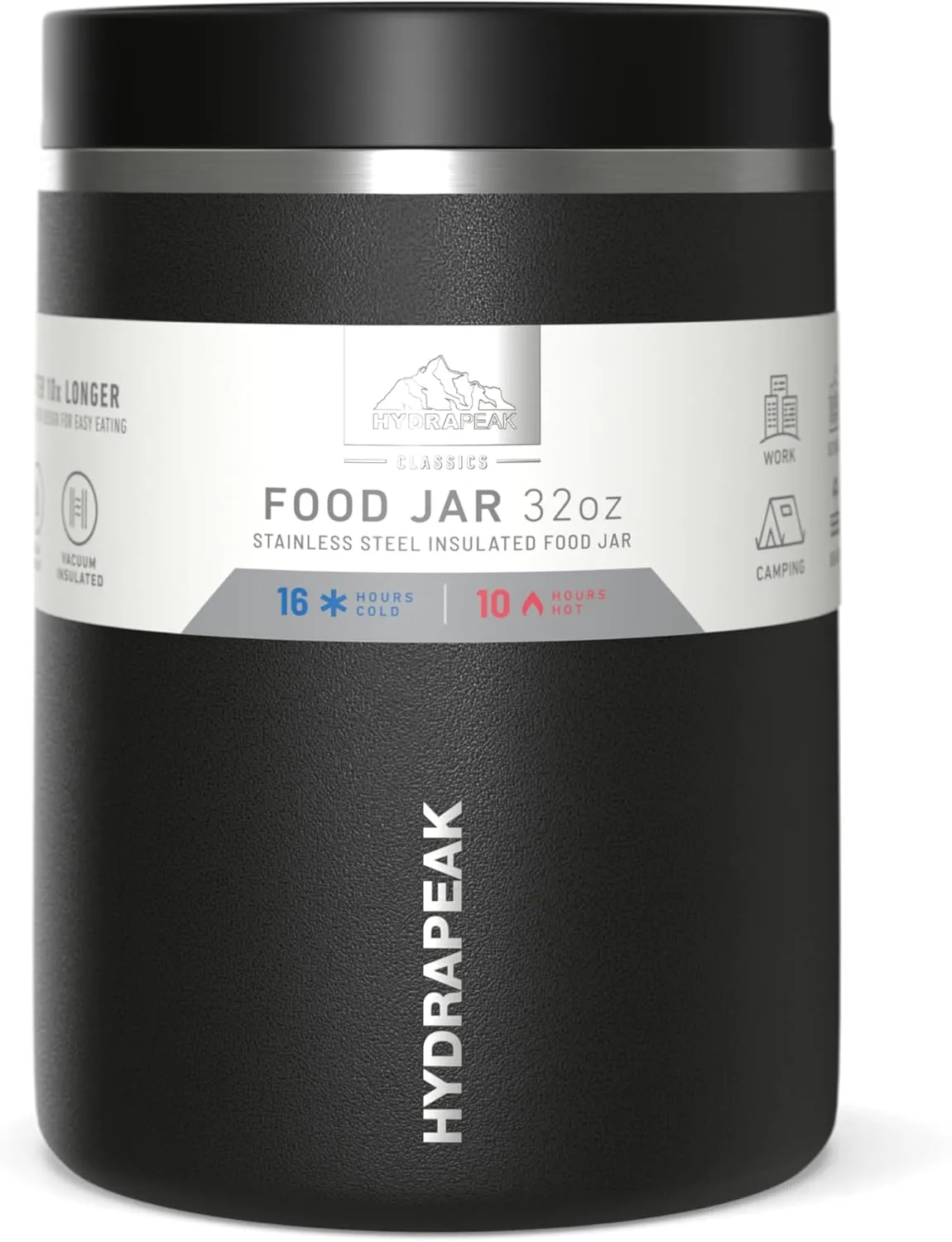 Hydrapeak 32oz Stainless Steel Vacuum Insulated Thermos Food Jar | Thermos for Hot Food and Cold Food, Wide Mouth Leak-Proof Soup Thermos for Adults, 10 Hours Hot and 16 Hours Cold (Black)