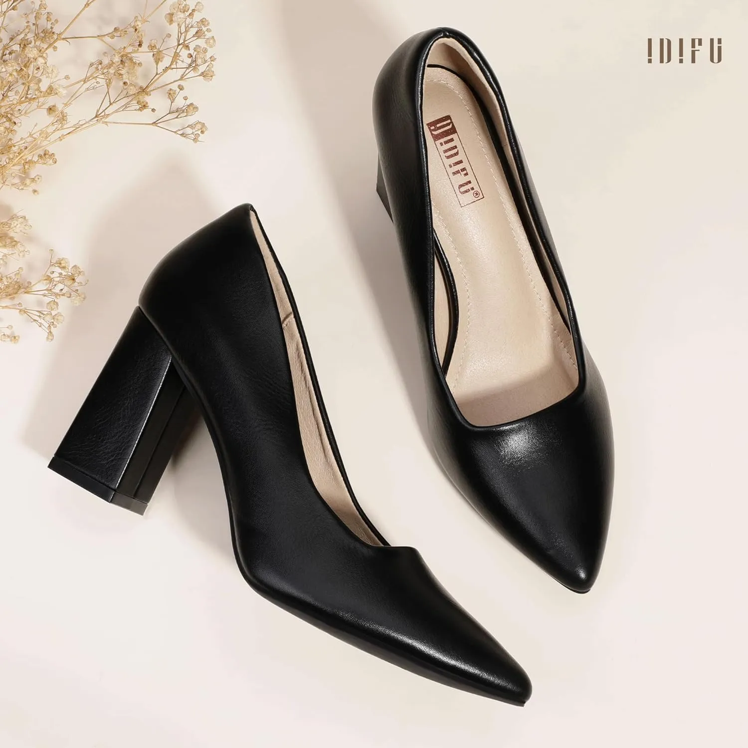 IDIFU IN3 Women's Chunky Block Heels - Pointed Toe Dress Shoes for Women - Dressy Wedding Bride Bridal Prom Work Office Comfortable Thick Heels Pumps Shoes