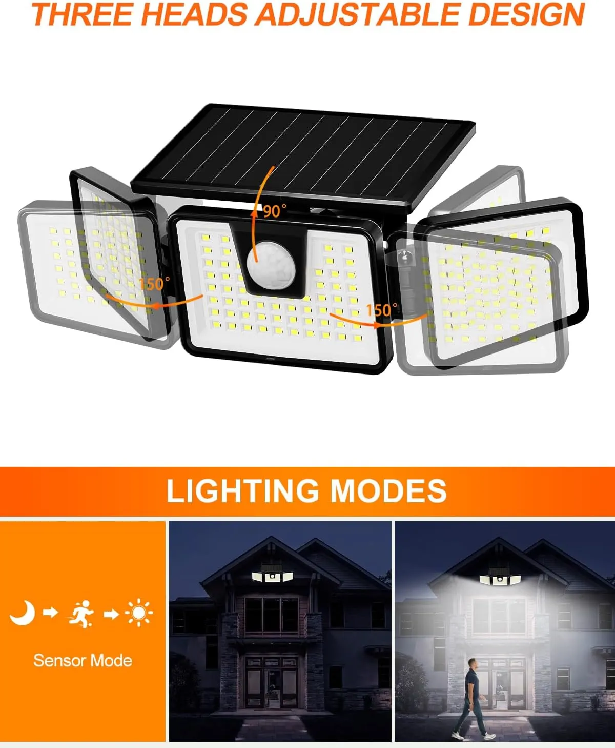 INCX Solar Motion Sensor Lights Outdoor, 3 Heads Security Lights Solar Powered, 156 LED Flood Light Motion Detected Spotlight for Patio Yard Garage Entryways, IP65 Waterproof 4 Pack
