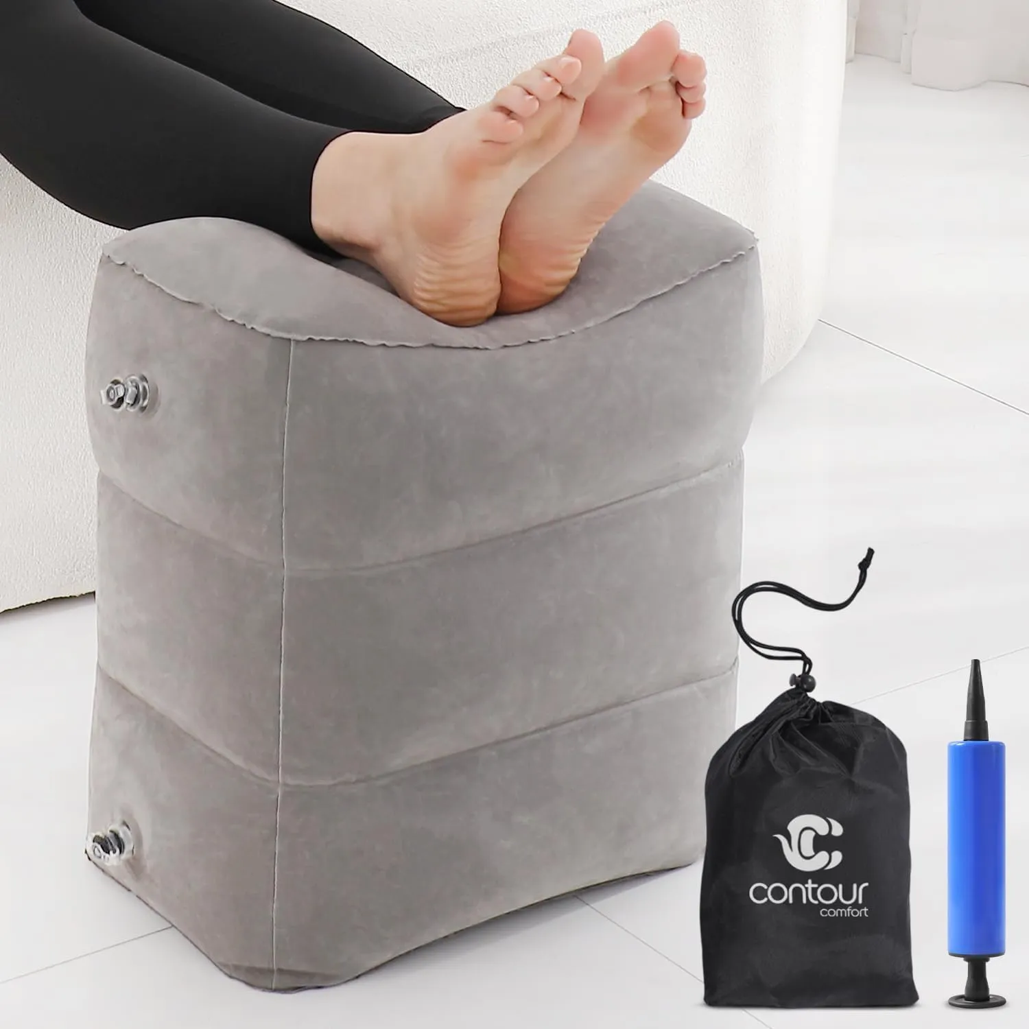 Inflatable Airplane Foot Rest with Hand Pump and Carry Bag, Travel Foot Rest | Airplane Chair Extender for Kids, Portable Airplane Bed for Toddler, 3 Adjustable Heights – Office, Car, Train,1Pack Grey