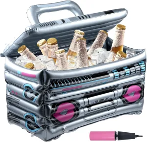 Inflatable Ice Bucket Radio Inflatable Beverage Cooler for Drink and Beer, PVC Cooler Boom Box with Lid and Handle for 80s 90s Retro Themed Party Graduation Hip Hop Decorations Supplies