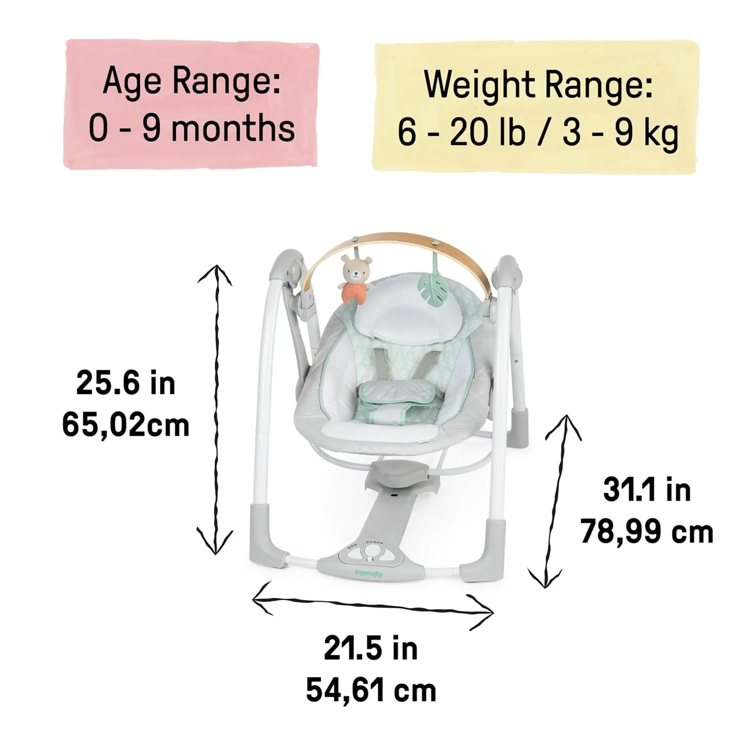 Ingenuity Cozy Spot Swing n Go Portable Swing - Removable and Rotatable Wood Toy Bar, 6-Speed, for Ages 0-9 Months, Up to 20 Pounds