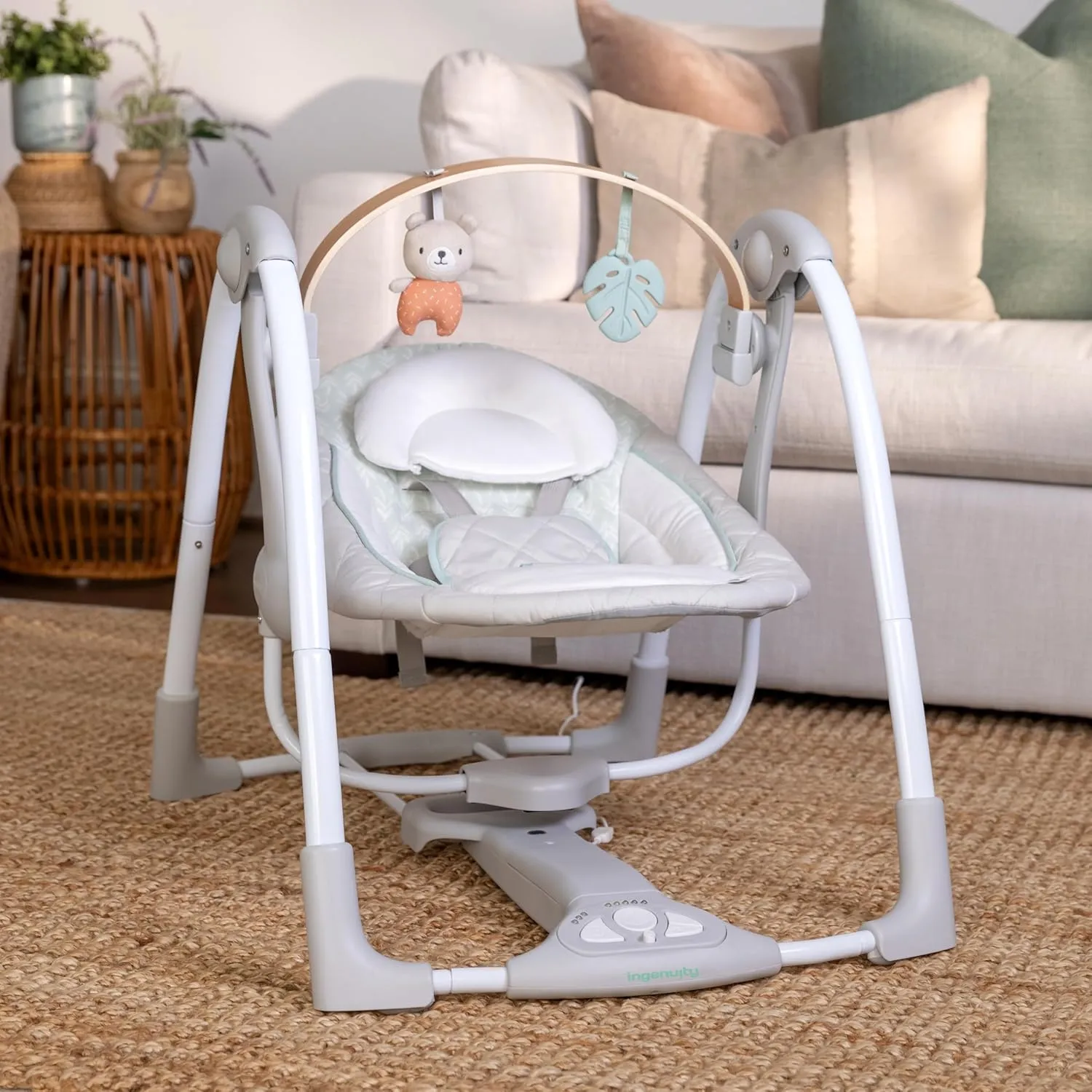 Ingenuity Cozy Spot Swing n Go Portable Swing - Removable and Rotatable Wood Toy Bar, 6-Speed, for Ages 0-9 Months, Up to 20 Pounds