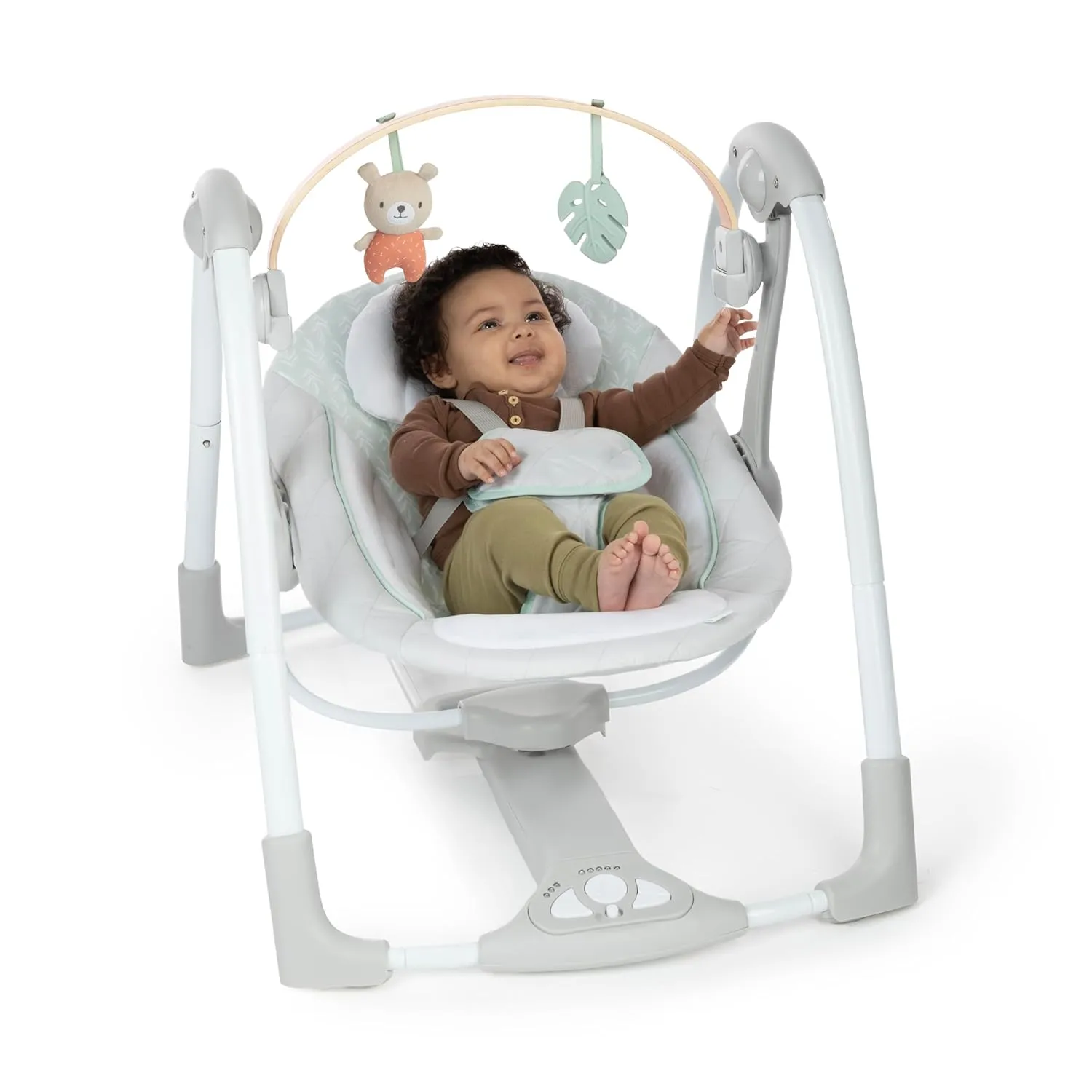 Ingenuity Cozy Spot Swing n Go Portable Swing - Removable and Rotatable Wood Toy Bar, 6-Speed, for Ages 0-9 Months, Up to 20 Pounds